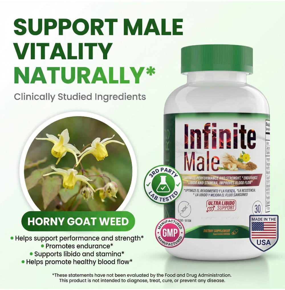 Supplement bottle labeled 'Infinite Male' with text about support male vitality naturally, featuring horny goat weed.